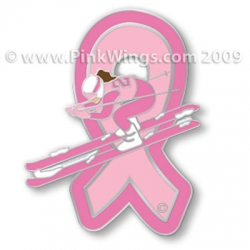 Sports Girl Snow Skier Pink Ribbon Pin