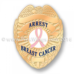 Police Badge Pink Ribbon Pin Blue Text