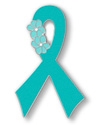 Teal Ribbon with 2 Flowers Pin